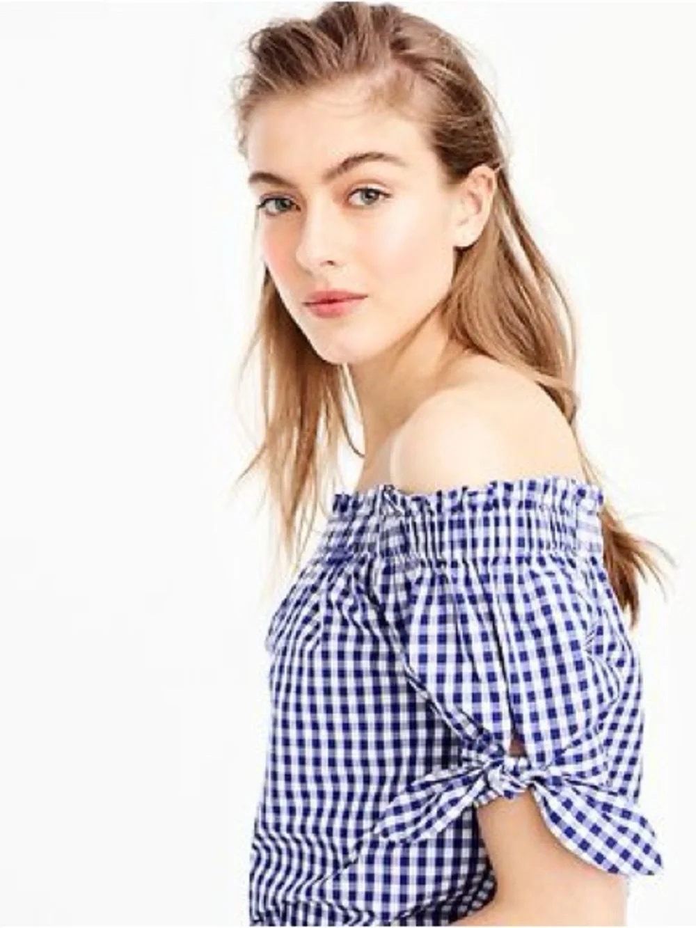 J. Crew Blue Gingham 100% Cotton Off-Shoulder Tie-Sleeve Crop Top